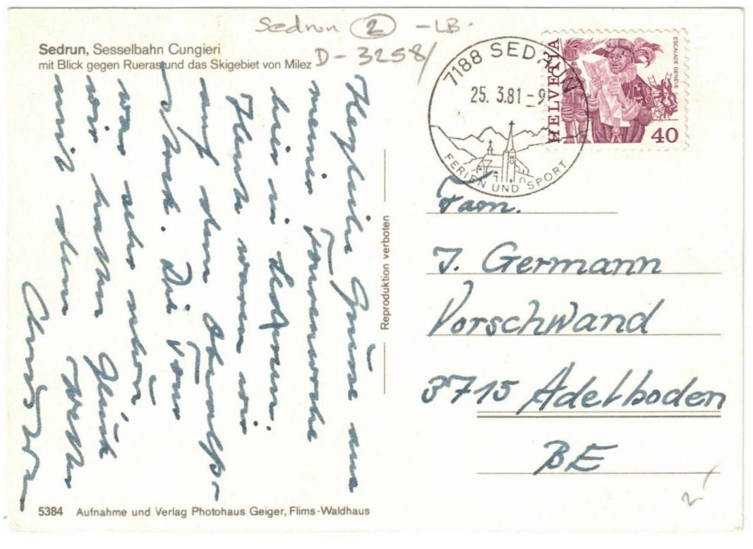 Cartoline postali: Sedrun - Sessellift Cungieri – Usato da Binningen venduto da Mountainrider 1
