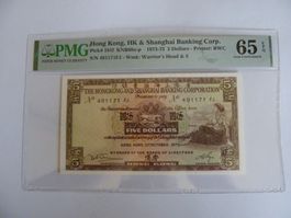 Banknote 5 Dollars Hong Kong 1973, PMG 65 EPQ, Zertifiziert
