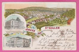 DEFEKT Gruss aus St. Gallen gel 1900 3-Bild Karte