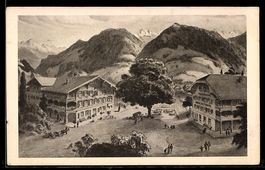 Künstler-AK Zweisimmen, Hotel Bären und Platz mit großem Bau