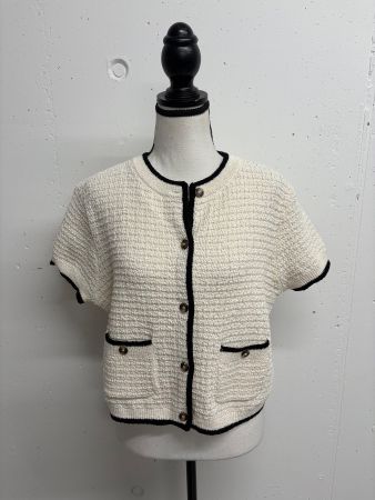H&M Kurzarm Cardigan creme/schwarz Gr. L elegant Strickjacke