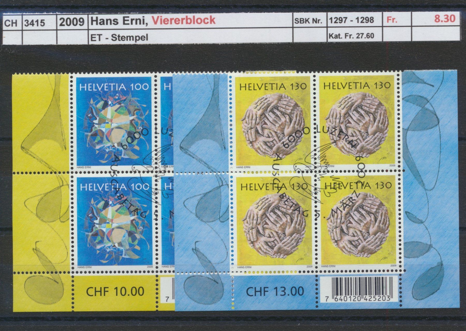Alle Briefmarken: 2009 "Hans Erni", Viererblock, ET - Stempel – Gebraucht aus Winterthur von Zupogeru