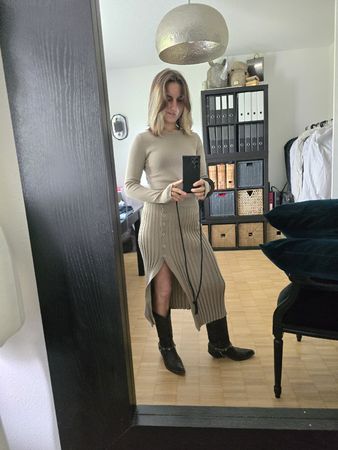 Beige Ribbed Knit Set - Skirt and Top - Size Small