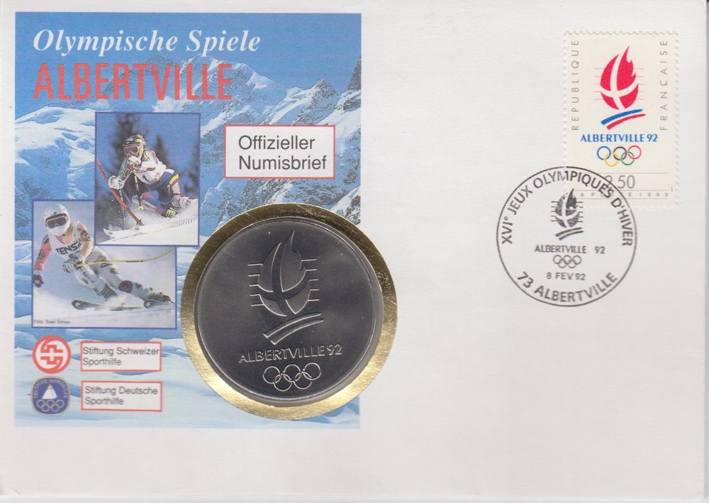 Hiver 1992: Albertville - FRANCE Jeux olympiques ALBERTVILLE 92. Yvert N° 2632 FDC 1 er jour avec PIECE DE MONNAIE