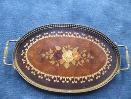 Antike Servier-Tablet,Messing,Teakholz,Ornamente,Maserierung
