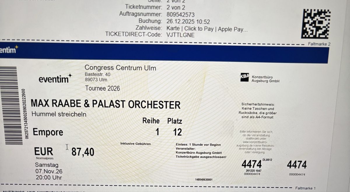 Biglietti: Max Raabe Konzert in Ulm – Usato da Neunkirch venduto da Dama0 1