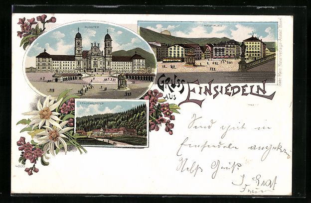 Cartoline postali: Litho Einsiedeln, Hauptplatz, Kloster, F – Usato da Berlin venduto da bartko-reher