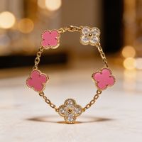 Bracelet trèfle rose et zirconium plaqué or