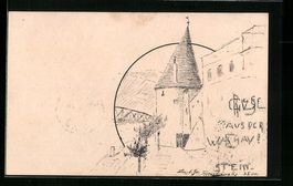 Handgemalt: Stein, Turm und Brücke in d
