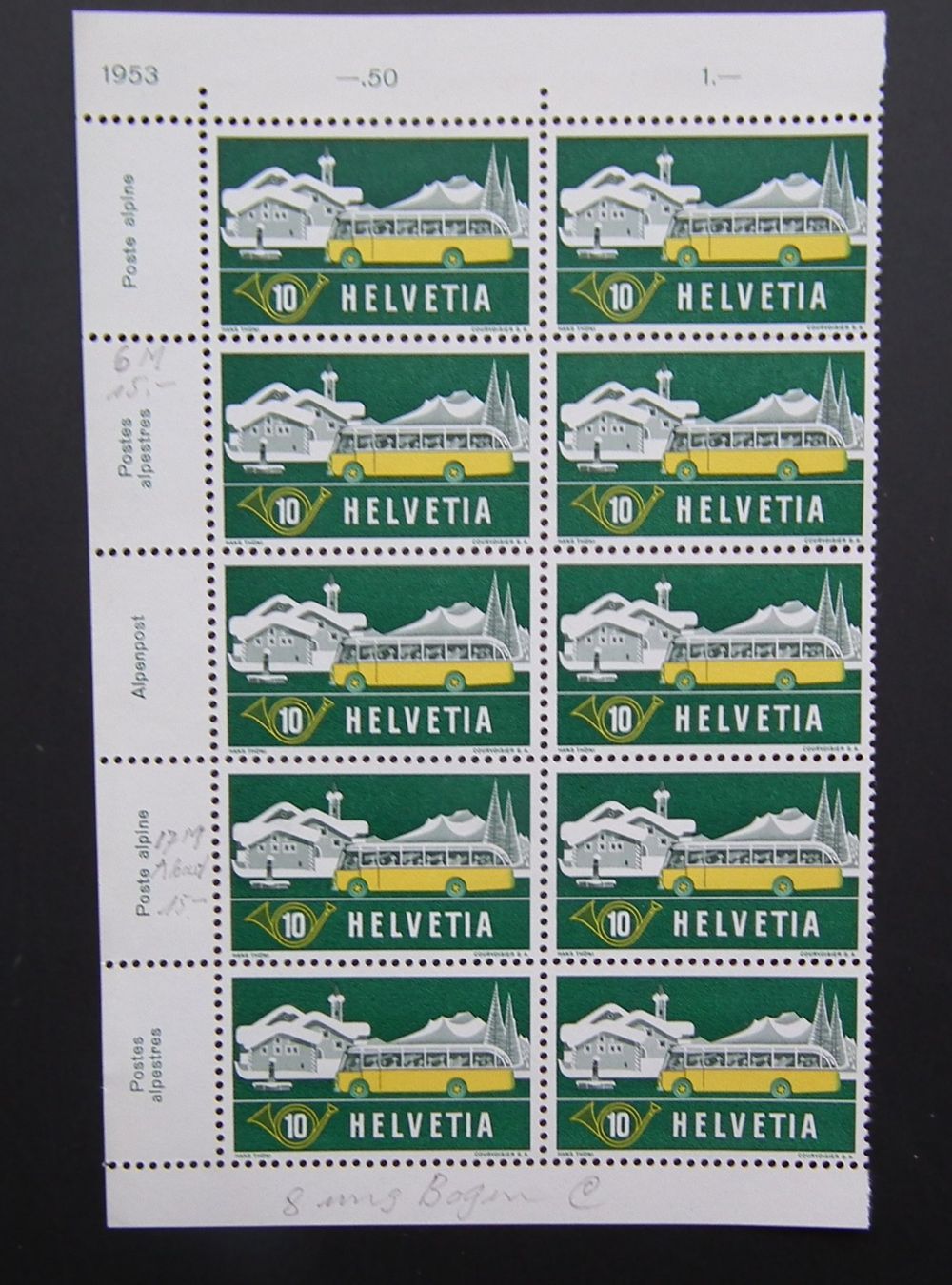Tutti i francobolli: 1953 Alpenpost Teilbogen mit Abart/Plattenfehler – Usato da Kriens venduto da WULLU99