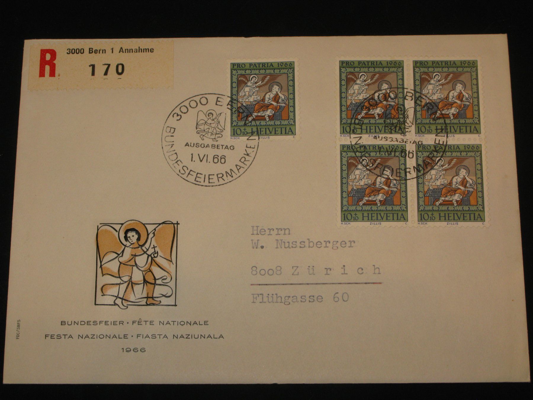Tutti i francobolli: Pro Patria FDC 1966 Nr. 129 4-Block "Deckengemälde" – Usato da Riken AG venduto da HEROWE