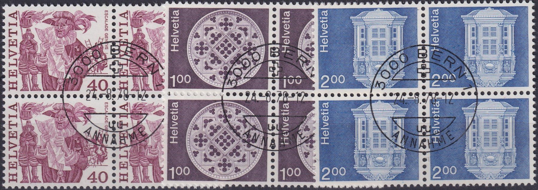 Alle Briefmarken: 1978: Nr.609 +610+611 Viererblöcke mit ET-Stempel, Kat: 75.- – Gebraucht aus Sursee von Luzernerraute
