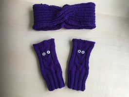 Stirnband mit Mittli/Pulswärmer violett, selbstgestrickt NEU