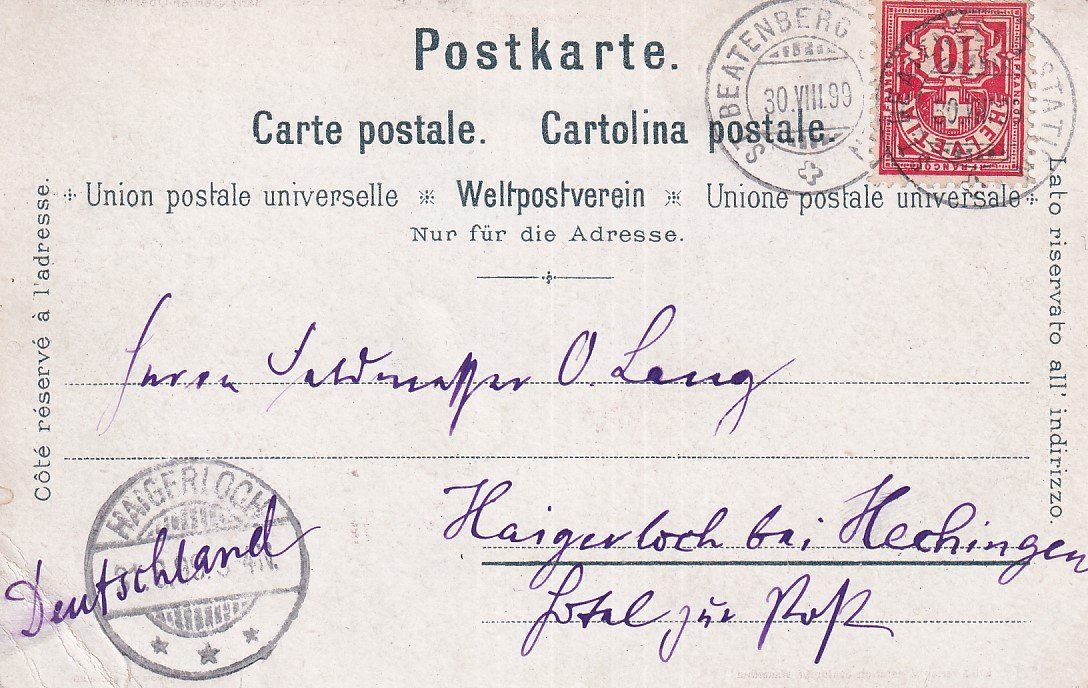 Cartoline postali: St. Beatenberg  BE        um  1 8 9 9 – Usato da Brig venduto da Valcards54 1