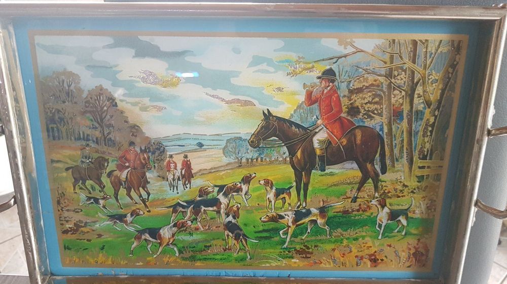 Lot Vintage 70's : Plateau En Tôle Chasse à Courre + 6 Verres Assortis