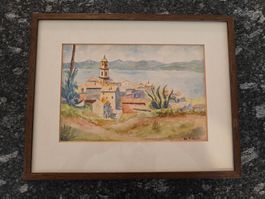 Aquarell „St. Tropez“ – Provence Stadtansicht, 20. Jh.
