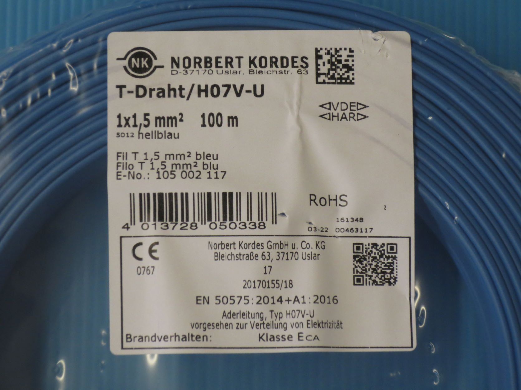 Kabel: 100m T-Draht 1.5mm2 hellblau Installationsdraht H07V-U – Neu und originalverpackt aus Sulz LU von Elektrofachverkauf 1