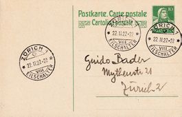 1922, 10Rp. Tell auf GS-Postkarte von ZÜRICH (Eilschalter).
