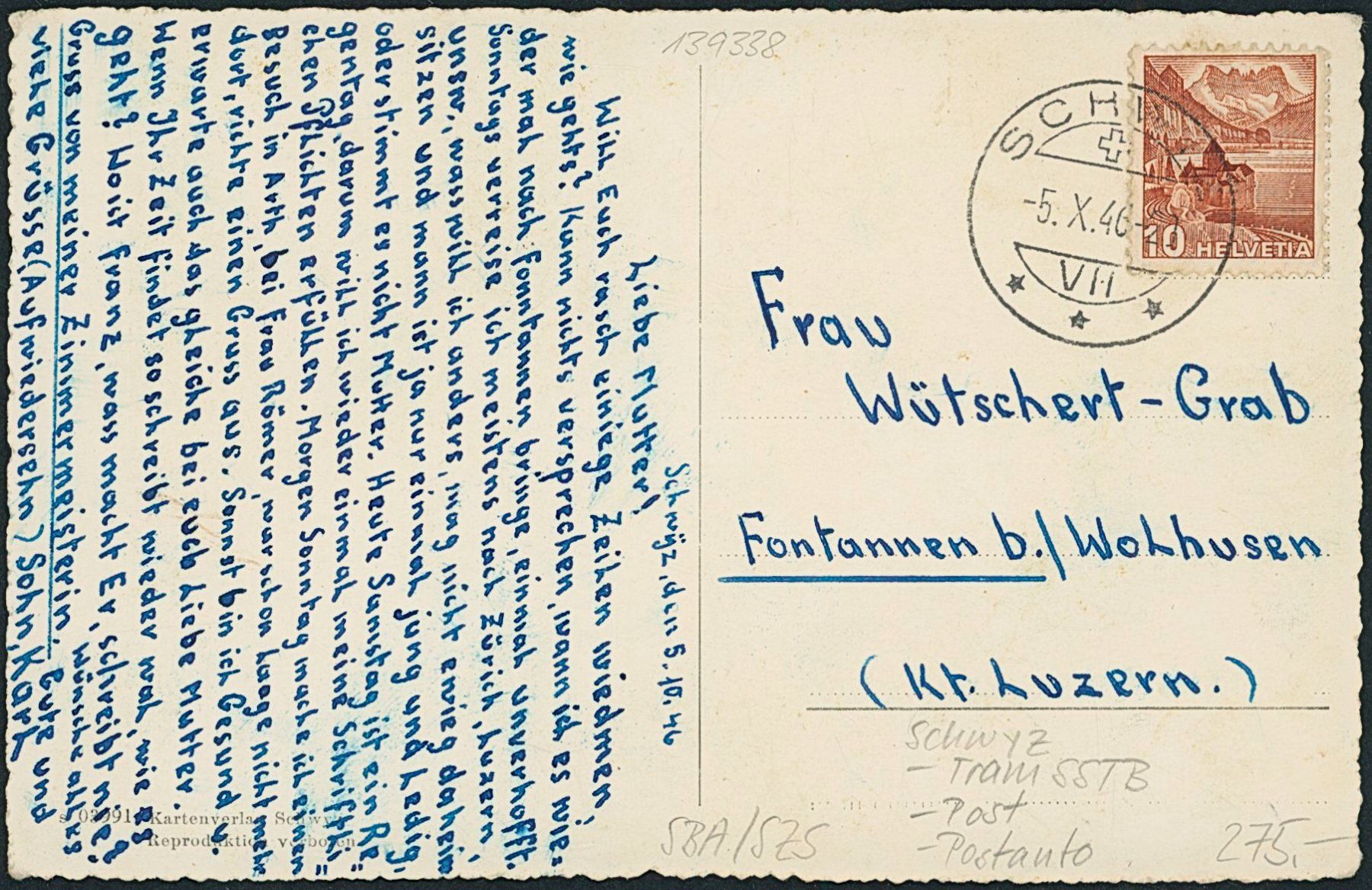 Cartoline postali: SZS Schwyz -Tram SSTB - Post - Postauto – Usato da Schindellegi venduto da leecollect 1