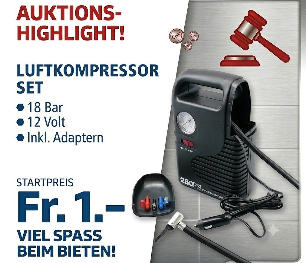 Compressori: Kompressor tragbar 12 Volt, 18 Bar ab Fr. 1.- – Nuovo e nell'imballaggio originale da Koppigen venduto da Bracher_Mail-House
