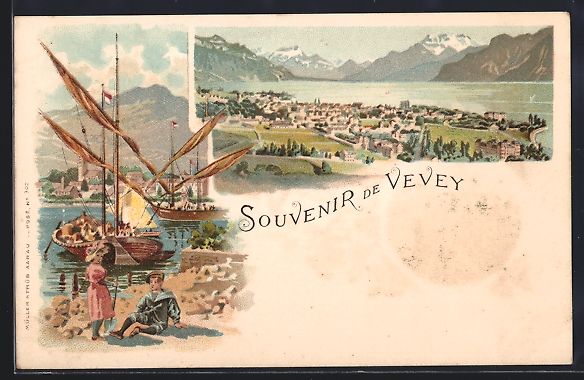 Cartoline postali: Litho Vevey, Kinder am Wasser und Panora – Usato da Berlin venduto da bartko-reher