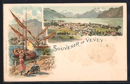 Litho Vevey, Kinder am Wasser und Panora