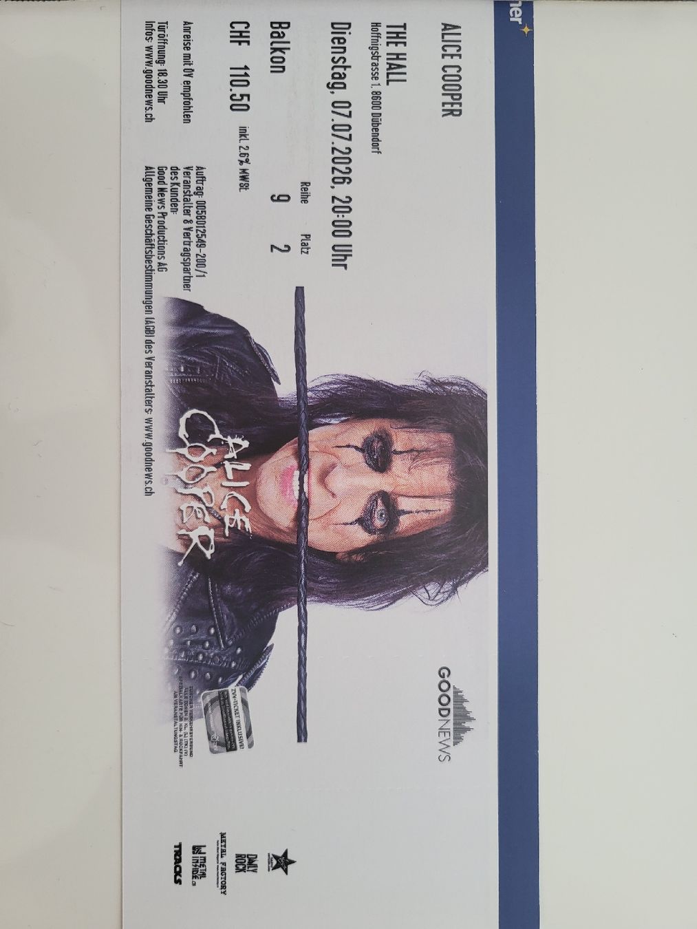 Billets de banque: À vendre 1 billet ALICE COOPER – Neuf (Voir description) à Belmont-sur-Lausanne par ala56 1