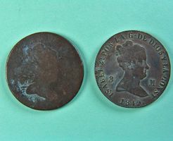 Zwei 8-Maravedis-Münzen Spanien, Isabel II, 1849, Kupfer