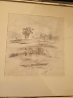 Dessin original P. Gonthier 1979 paysage sous cadre