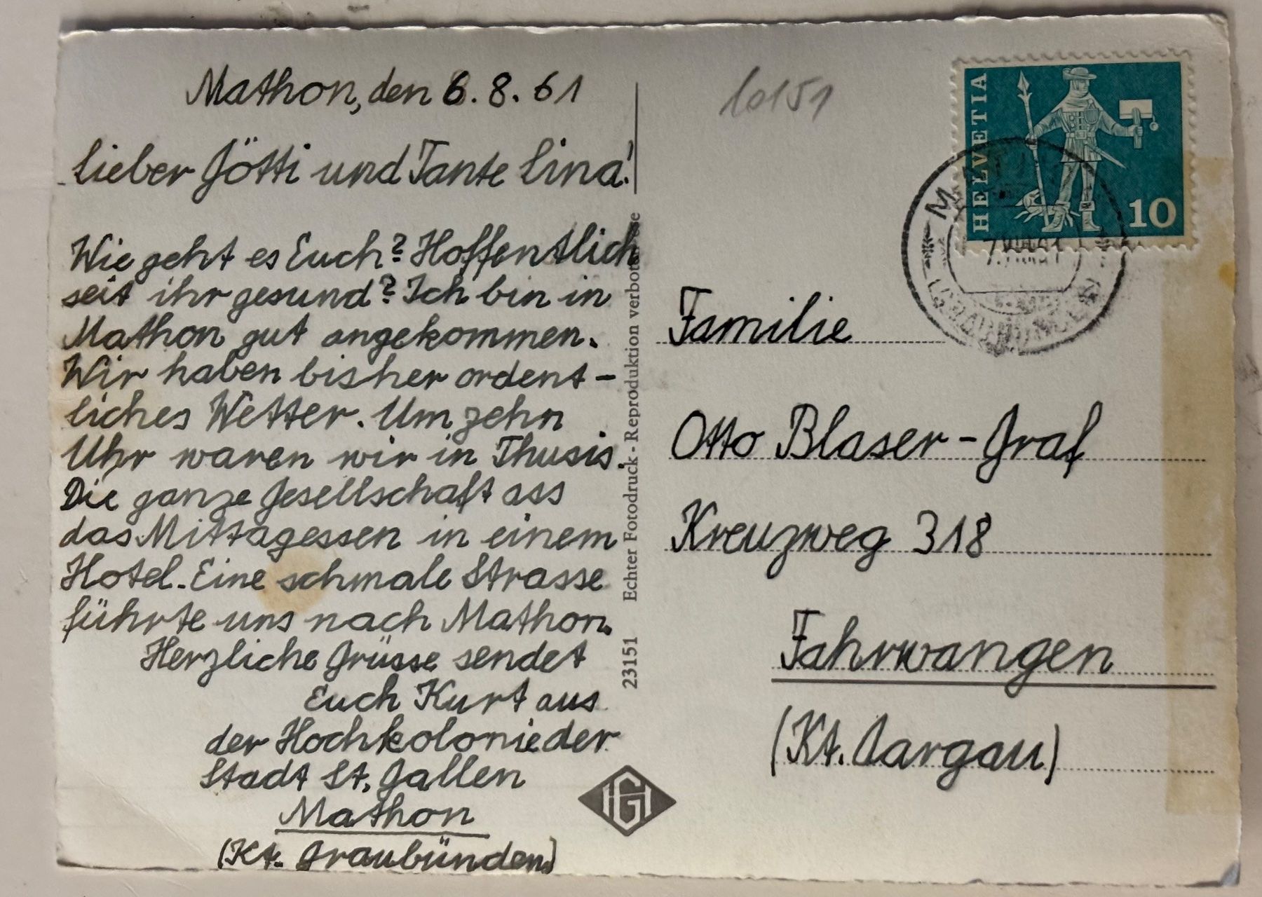 Cartoline postali: Mathon GR, 1961 – Usato da Frauenfeld venduto da Merk52 1