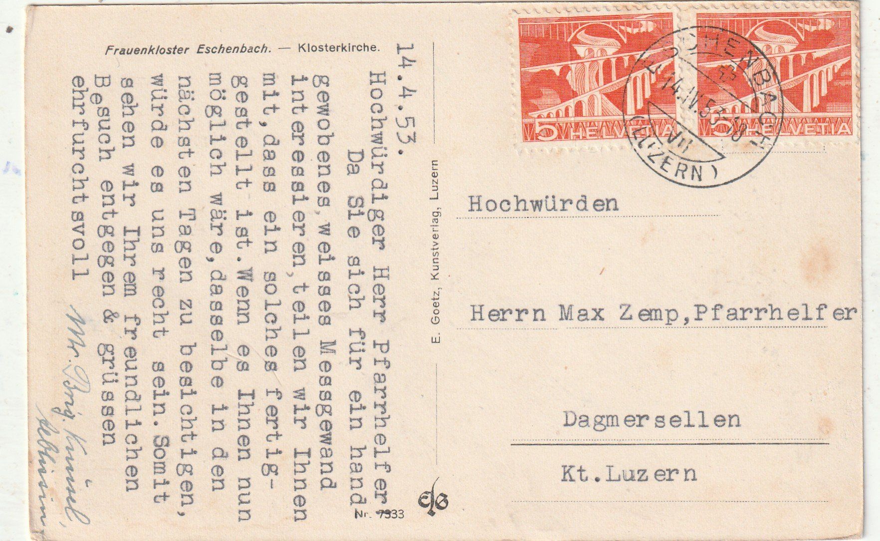 Cartoline postali: Frauenkloster  Eschenbach. Klosterkirche – Usato da Lumbrein venduto da made02 1