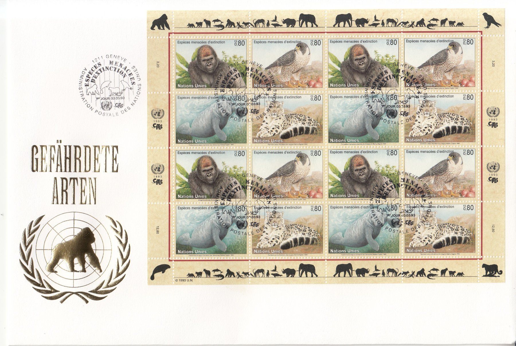 Tutti i francobolli: Gefährdete Arten, UNO 9 Grossbriefe 1993 - 1995 – Usato da Bürglen TG venduto da StampGraf 7