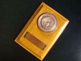 PTT SBB Bahnpost Schild Medaille Kupfer auf Holz selten