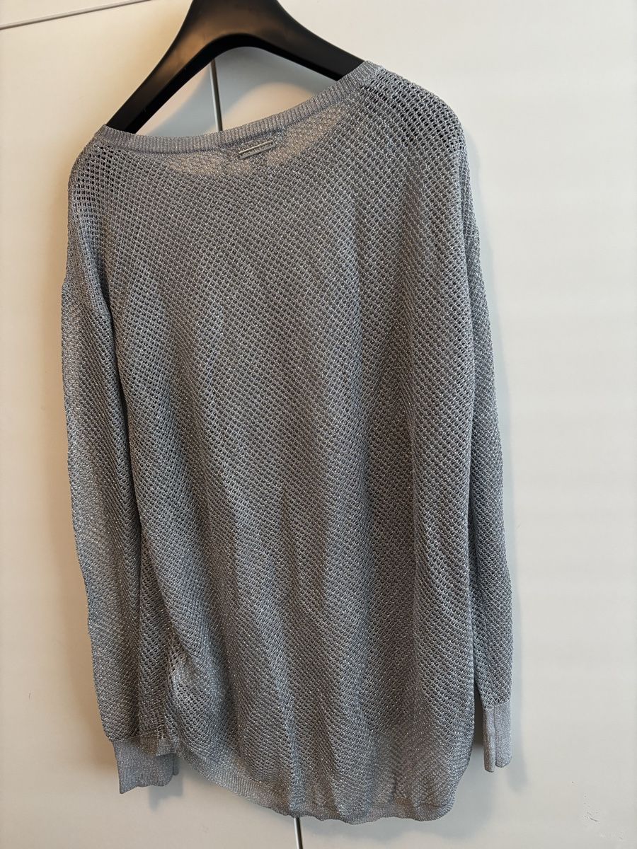 Michael Kors T-shirt: Michael Kors Silber Glitzer Oberteil gehäkelt Pullover Gr XS – Nuovo e nell'imballaggio originale da Winterthur venduto da NatMet11 1