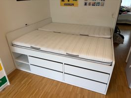 SLÄKT, weisses Bett mit Stauraum