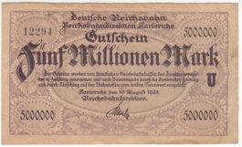 Reichsbahn Karlsruhe 5 Mil. Mark 10.08.1923 VZ+-VZ++