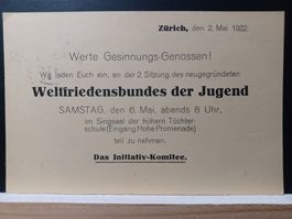 Weltfriedensbund der Jugend, 1922, Zürich, PP-Frankierung