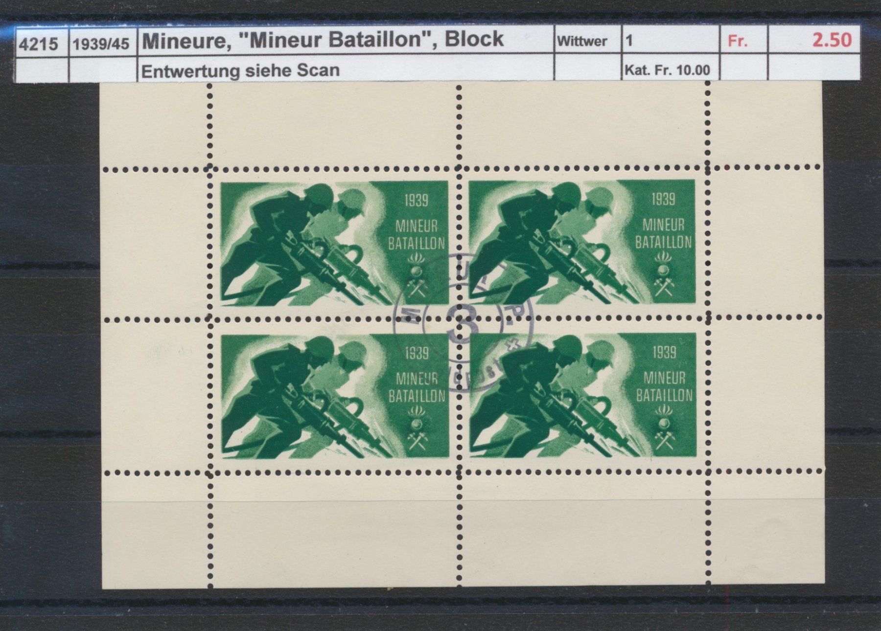 Tous les timbres: 1939/45 Mineure, "Mineur Bataillon" - Block, gestempelt – D'occasion à Winterthur par Zupogeru