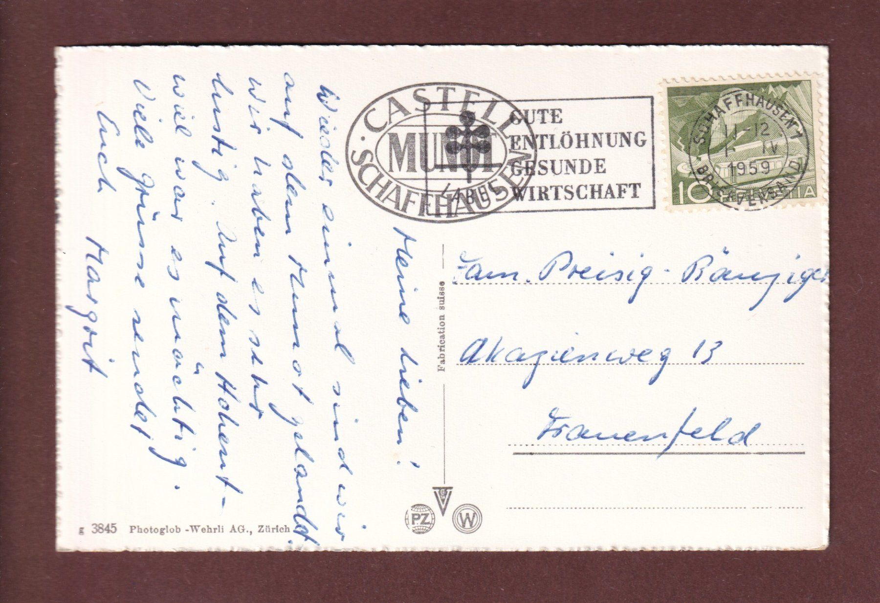 Cartoline postali: SCHAFFHAUSEN - 1959 – Usato da Pully venduto da nicecards-shop 1