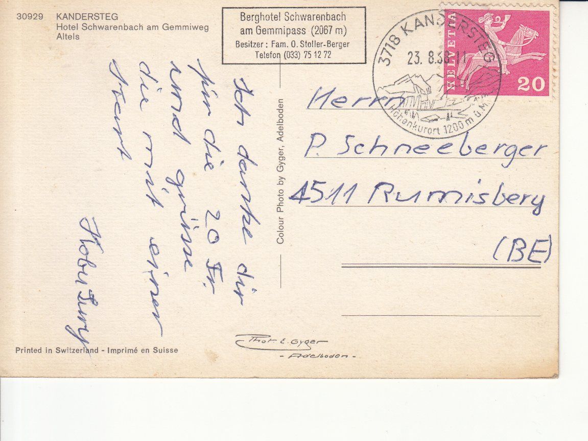 Cartoline postali: Kandersteg Schwarenbach 1968 – Usato da Bürglen TG venduto da StampGraf 1