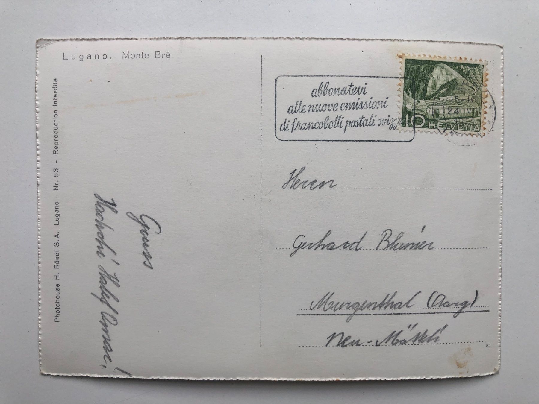 Cartoline postali: Lugano Monte Brè ~ 1950 – Usato da Neuchâtel venduto da Atahuallpa 1