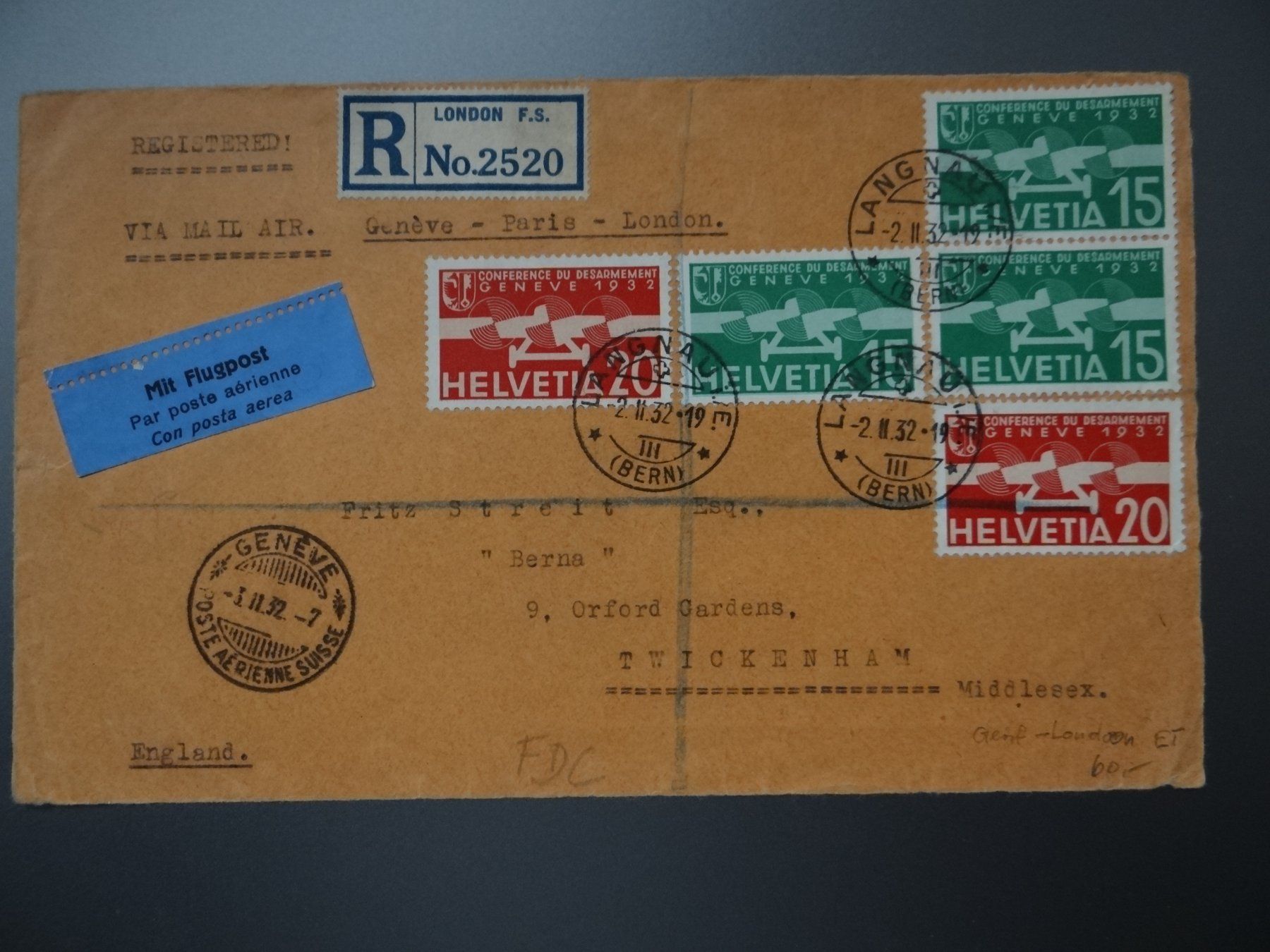 Tutti i francobolli: Flugpost FDC 2.2.1932 Briefvorderseite nach England – Usato da Kriens venduto da Na4
