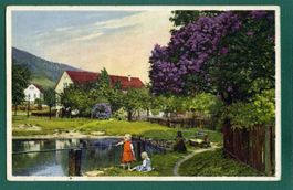Landleben, 2 Kinder am Teich, ca. 1920, ungelaufen