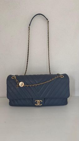 Chanel Chevron Jumbo Navy Flap Bag Chevron Medallion Calfski