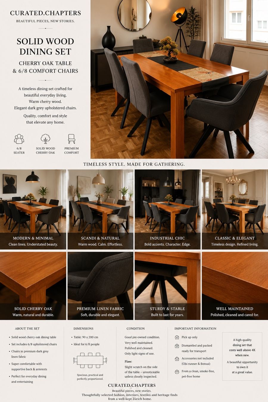 Interio Set de table et chaises: Premium Solid Cherry Wood Dining Table Set | 6–8 Seater – D'occasion à Zürich par Curated.Chapters 1