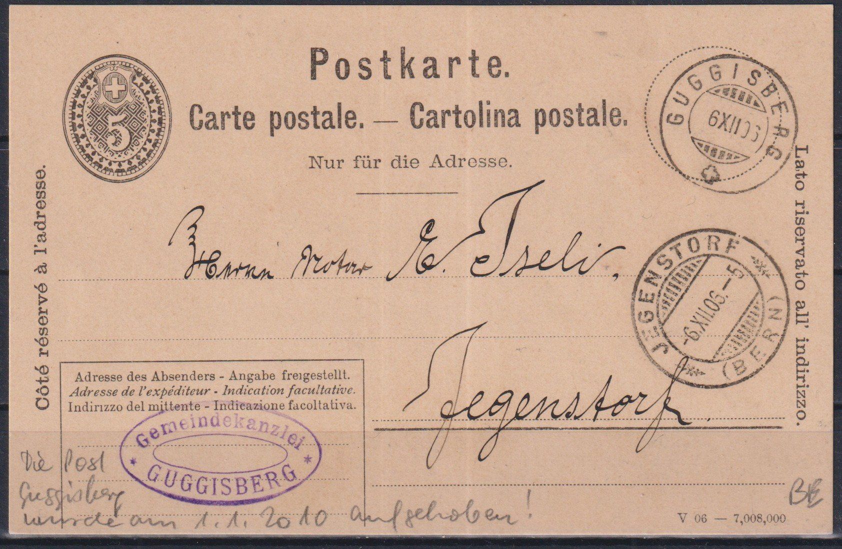 Tutti i francobolli: D73) Postkarte Stempel Guggisberg – Usato da Claro venduto da Chanty7