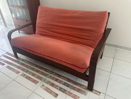 Wooden Sofa Bed with Orange Cushion - Great Condition