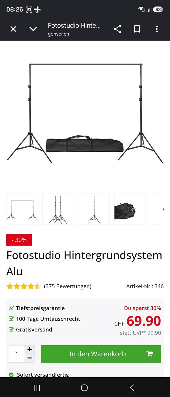 Autres accessoires: Green Screen mit Halterung – Neuf avec emballage d'origine à Egerkingen par vil_5vkk 1