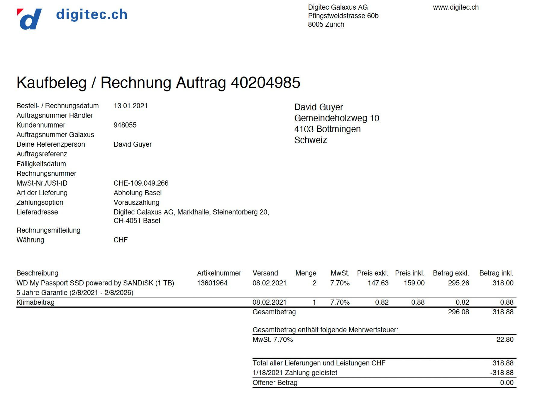 Western Digital Dischi rigidi: 2 WD My Passport SSD 1 TB – Usato da Bottmingen venduto da PeterGuyer 1