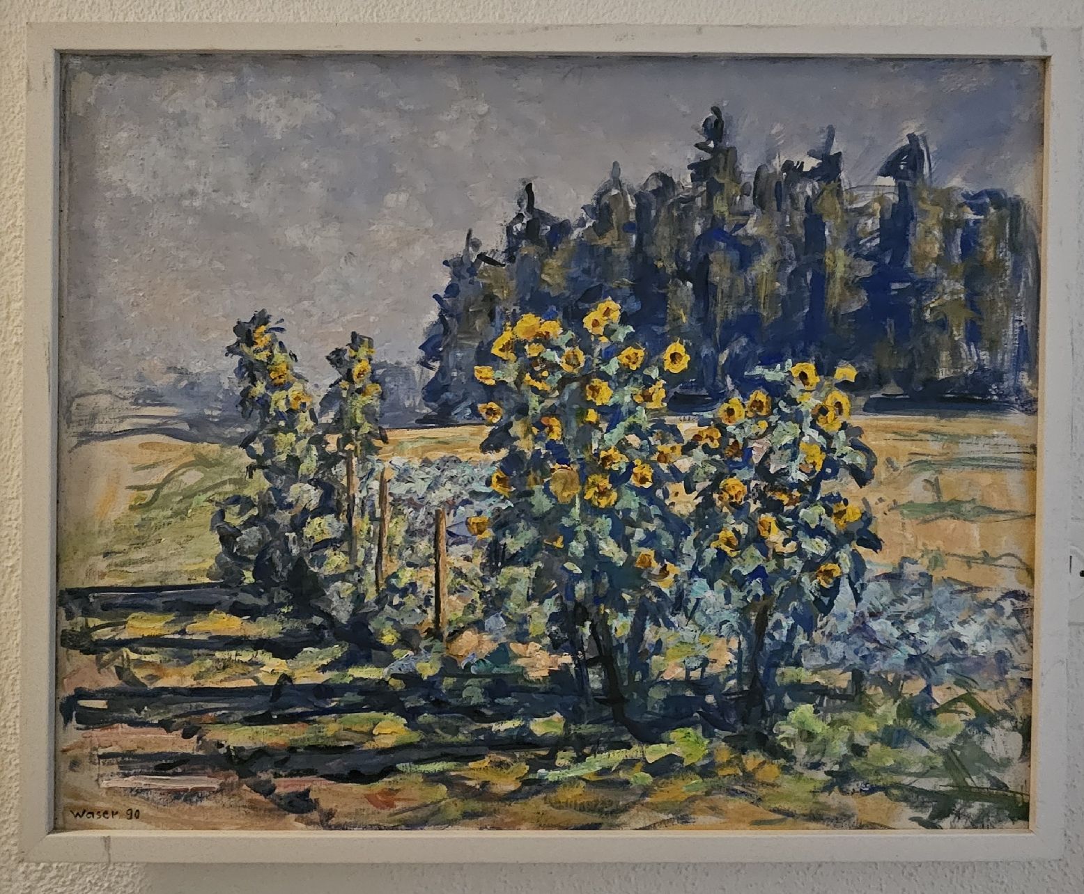 Dipinti: Heini Waser, Gemälde "Pflanzplätz mit Sonnenblumen", 1990 – Usato da Embrach venduto da coegli